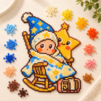 Top-down material color study beside the adapted wizard-and-star bead artwork.