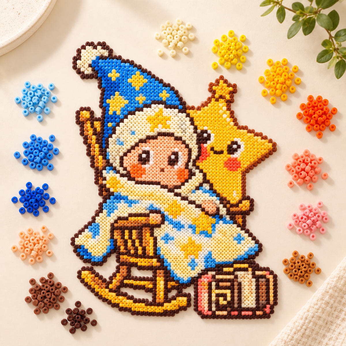 Top-down material color study beside the adapted wizard-and-star bead artwork.