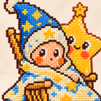 Close-up of the blue-hatted wizard and yellow star in the adapted mini-bead artwork.