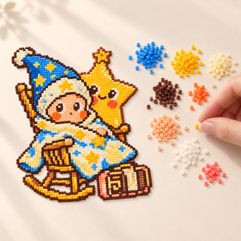 Hands preparing colors beside the completed wizard-and-star mini-bead artwork.