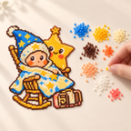 Hands preparing colors beside the completed wizard-and-star mini-bead artwork.