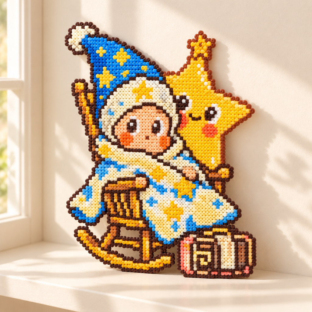 Completed wizard-and-star bead artwork displayed on a warm ivory shelf.