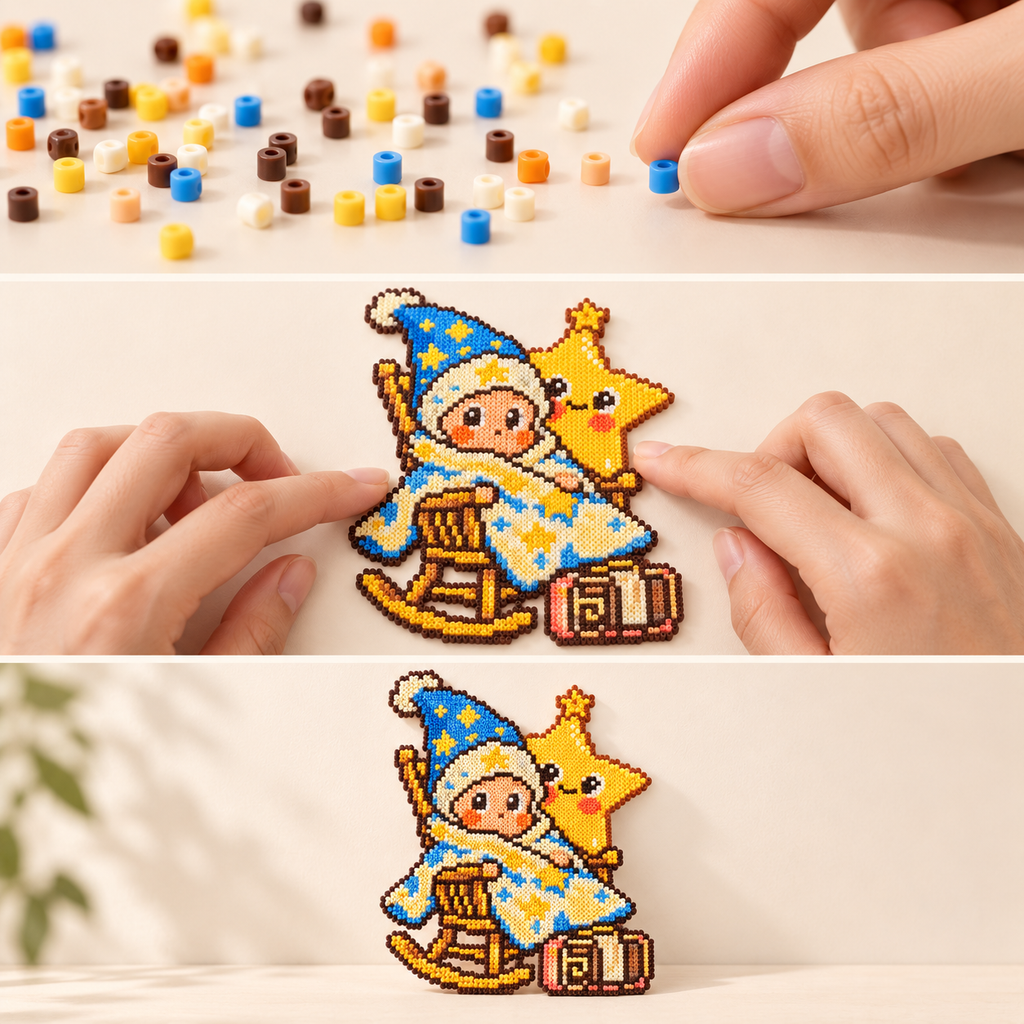 Three photographic moments showing color preparation and the completed adapted wizard-and-star bead artwork.