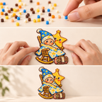 Three photographic moments showing color preparation and the completed adapted wizard-and-star bead artwork.