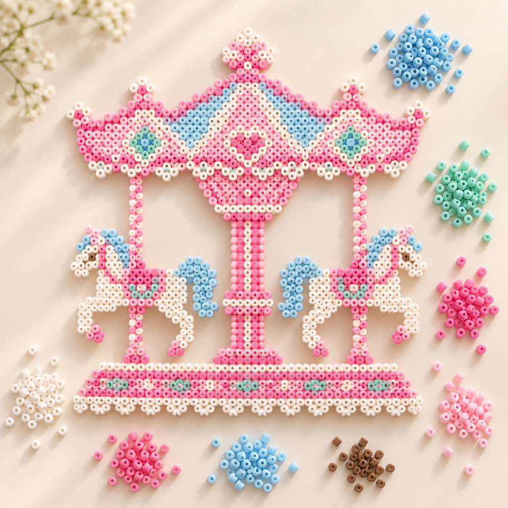 Top-down material color study beside the adapted pastel carousel bead artwork.