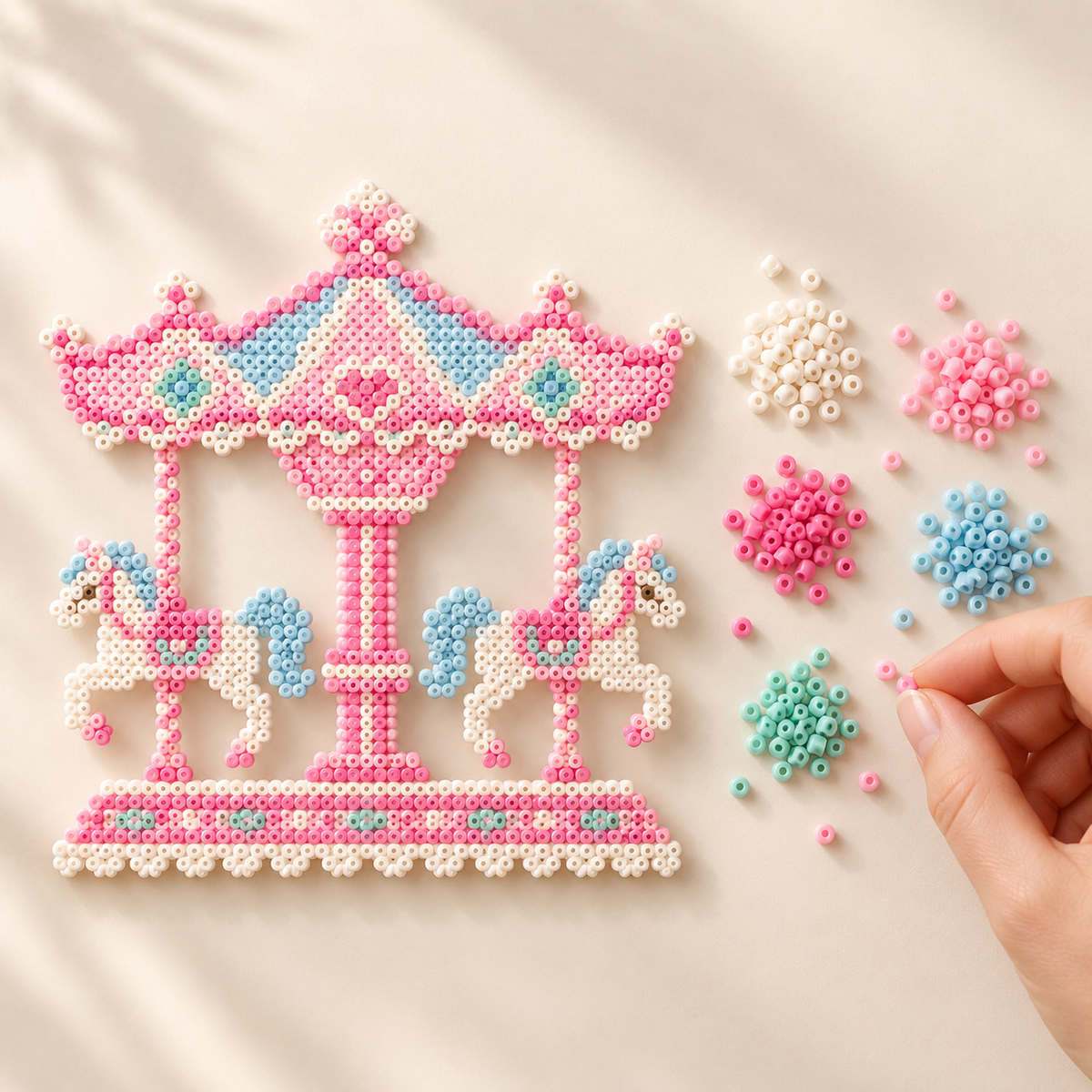 Hands preparing colors beside the completed pastel carousel mini-bead artwork.