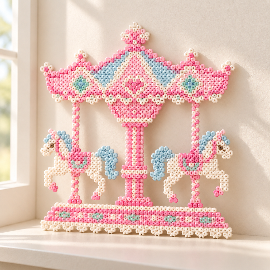 Completed pastel carousel bead artwork displayed on a warm ivory shelf.