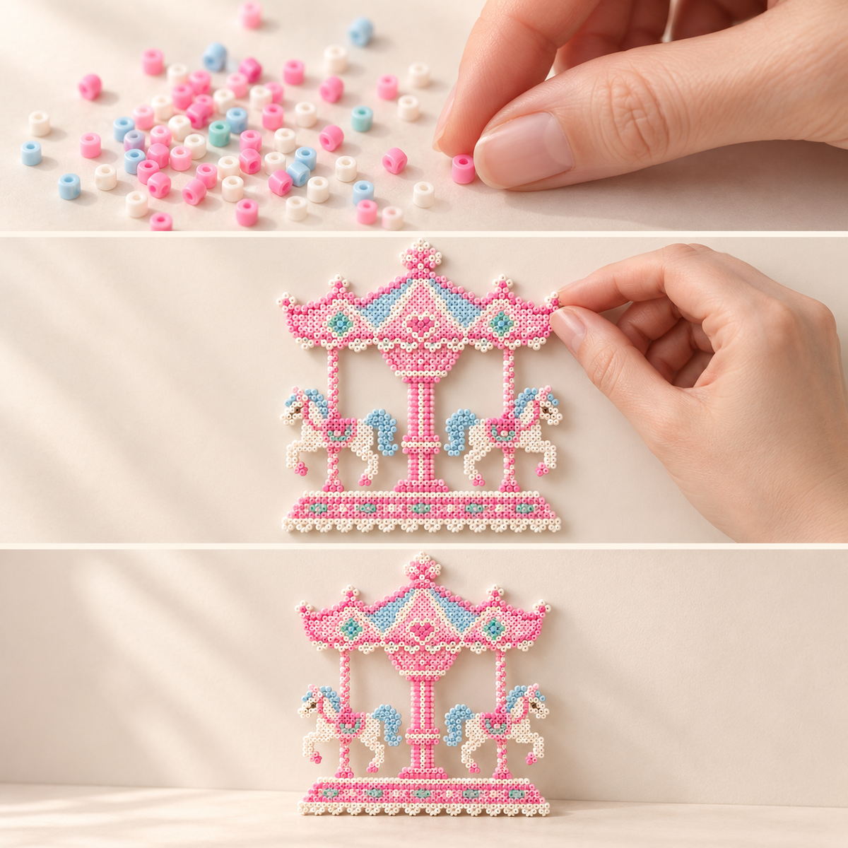 Three photographic moments showing color preparation and the completed adapted pastel carousel bead artwork.