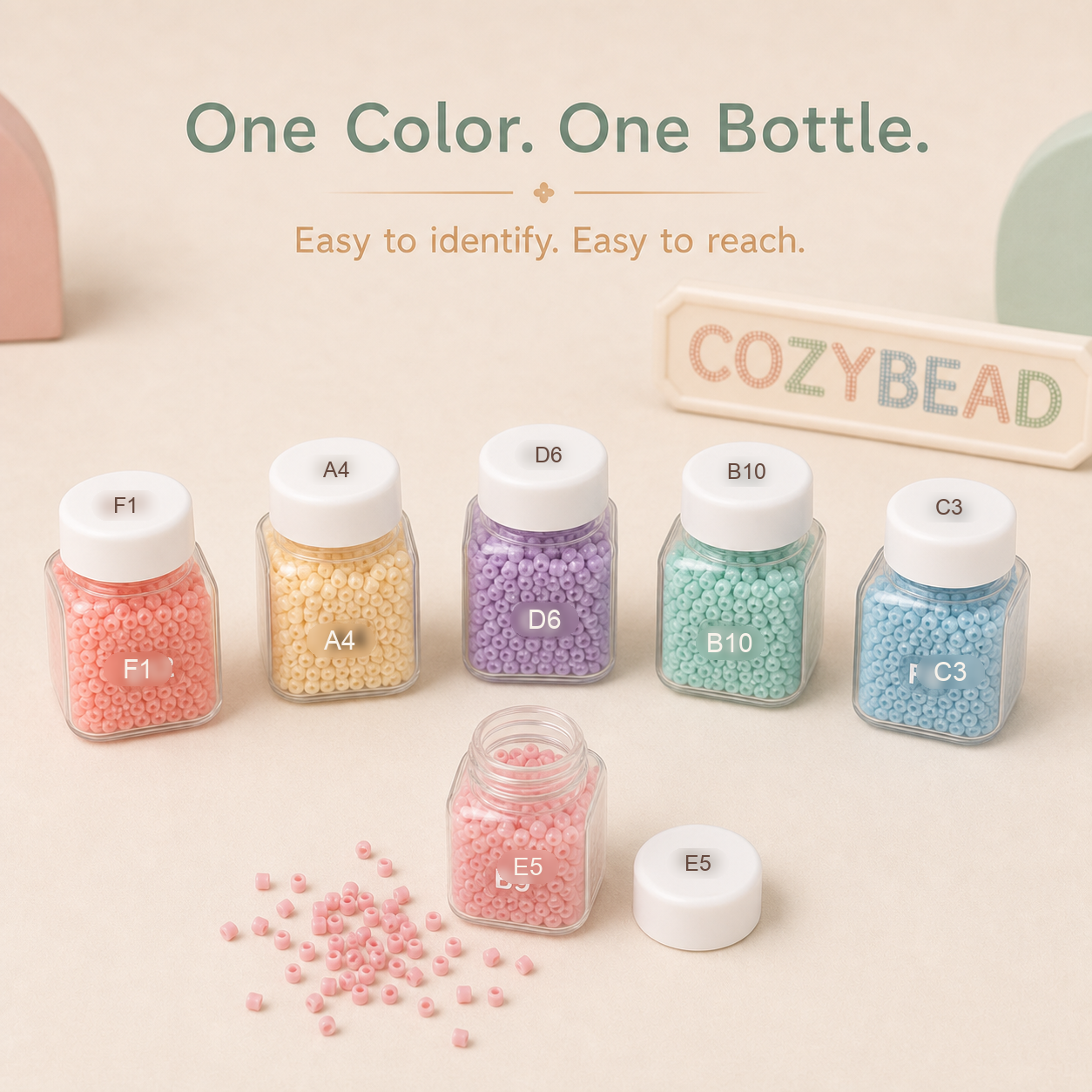 Labeled bottle detail from the CozyBead 221-Color Bottle Bead Set