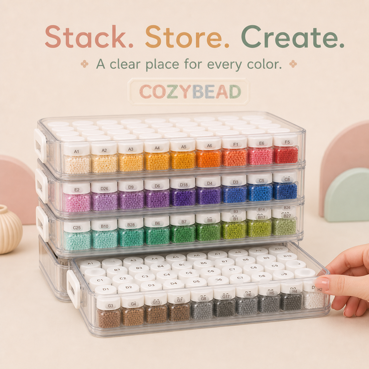 Stackable storage system for the CozyBead 221-Color Bottle Bead Set