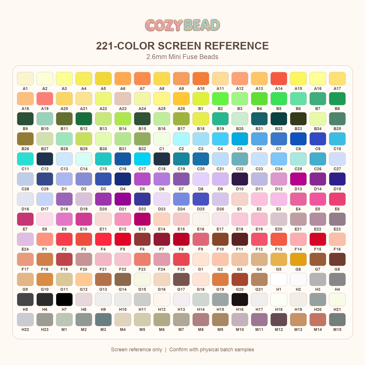 CozyBead 221-color screen reference chart