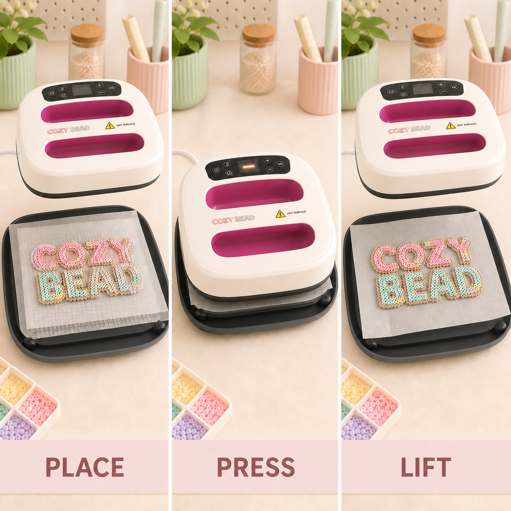 CozyBead fuse bead heat press — place press lift workflow