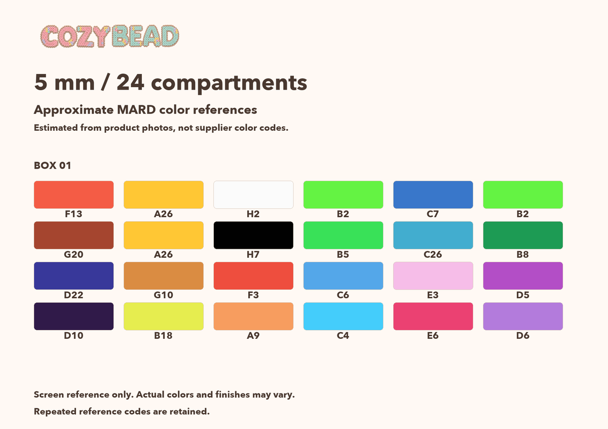 CozyBead 5 mm 24-color bead set color reference