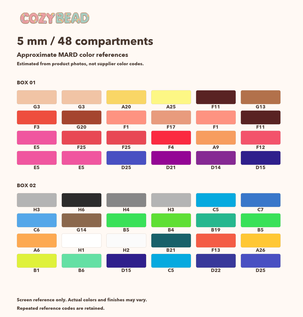 CozyBead 5 mm 48-color bead set color reference