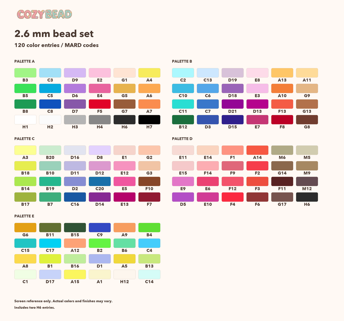 CozyBead 2.6 mm 120-color bead set color reference