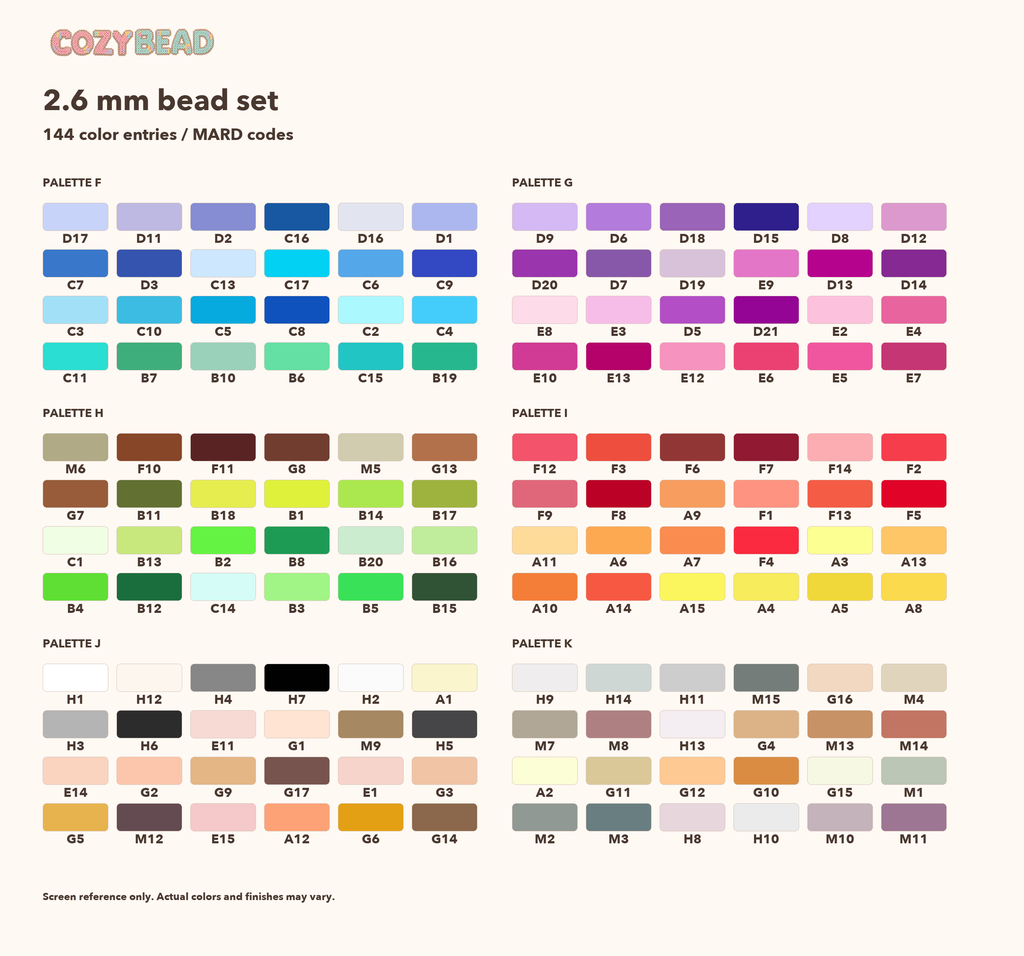 CozyBead 2.6 mm 144-color bead set color reference