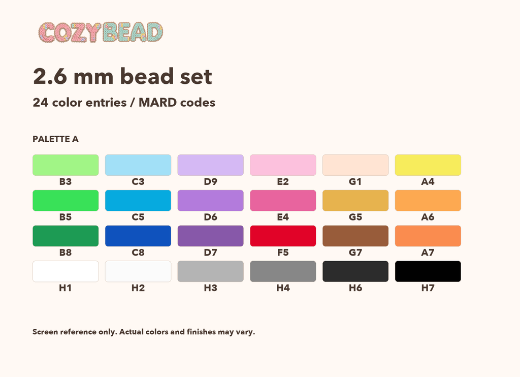 CozyBead 2.6 mm 24-color bead set color reference