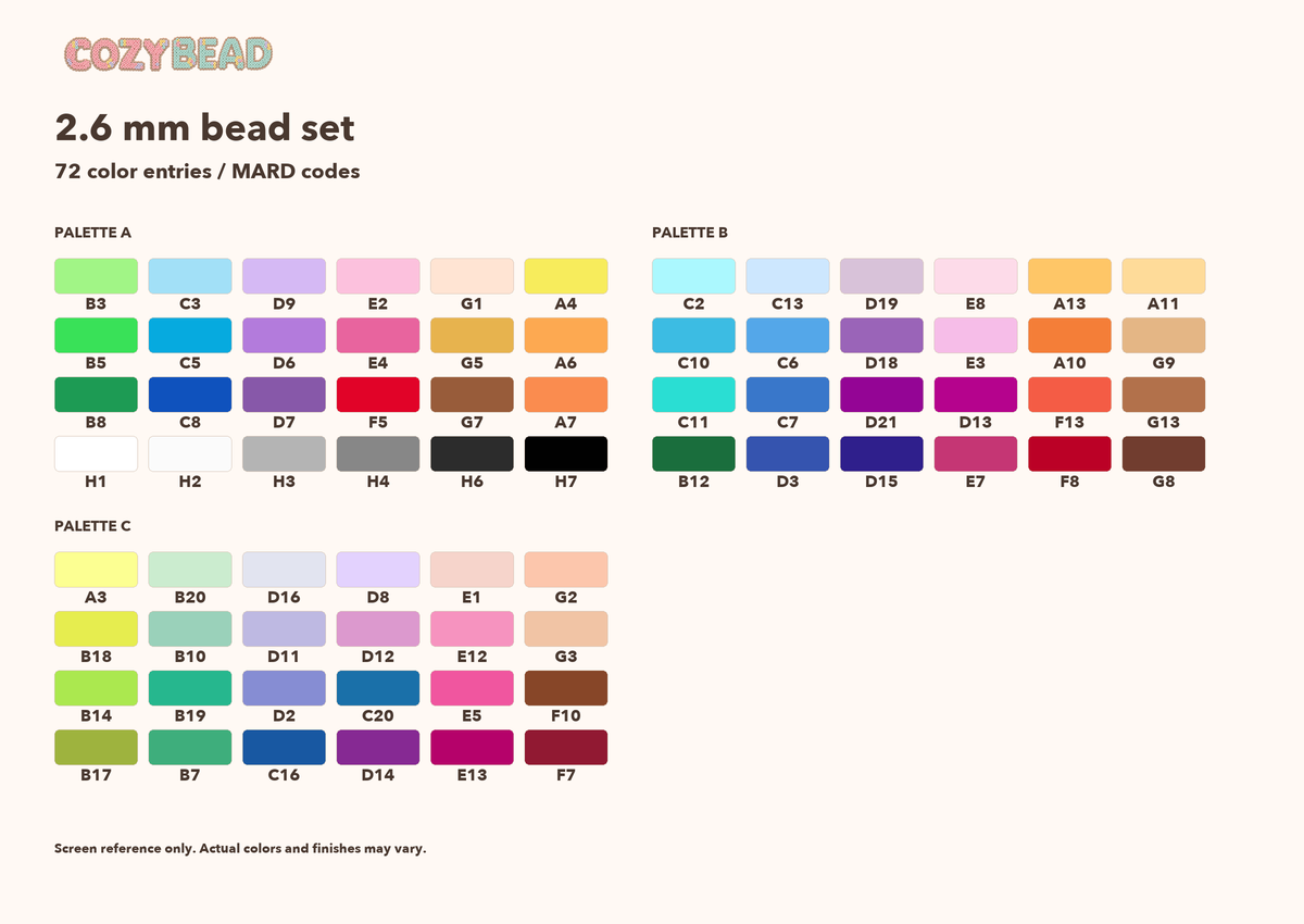 CozyBead 2.6 mm 72-color bead set color reference