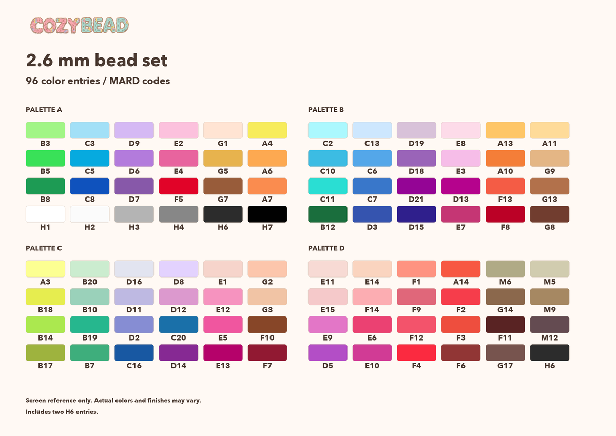 CozyBead 2.6 mm 96-color bead set color reference