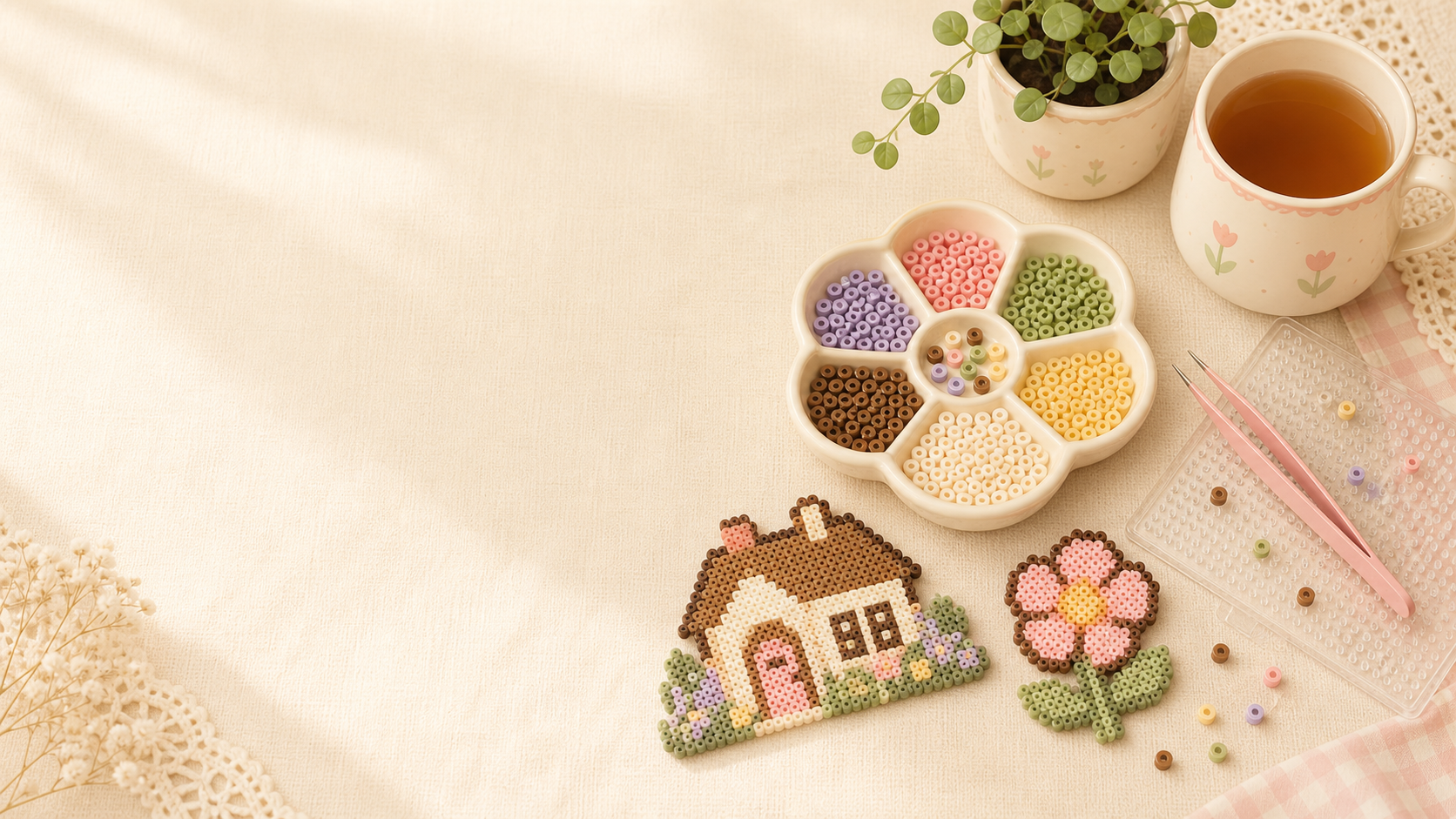 Cozy fuse bead craft table with cottage and flower projects