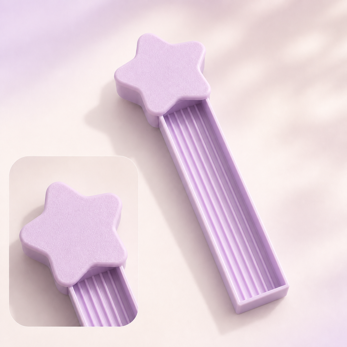 Close-up views of the lavender star-head bead scoop
