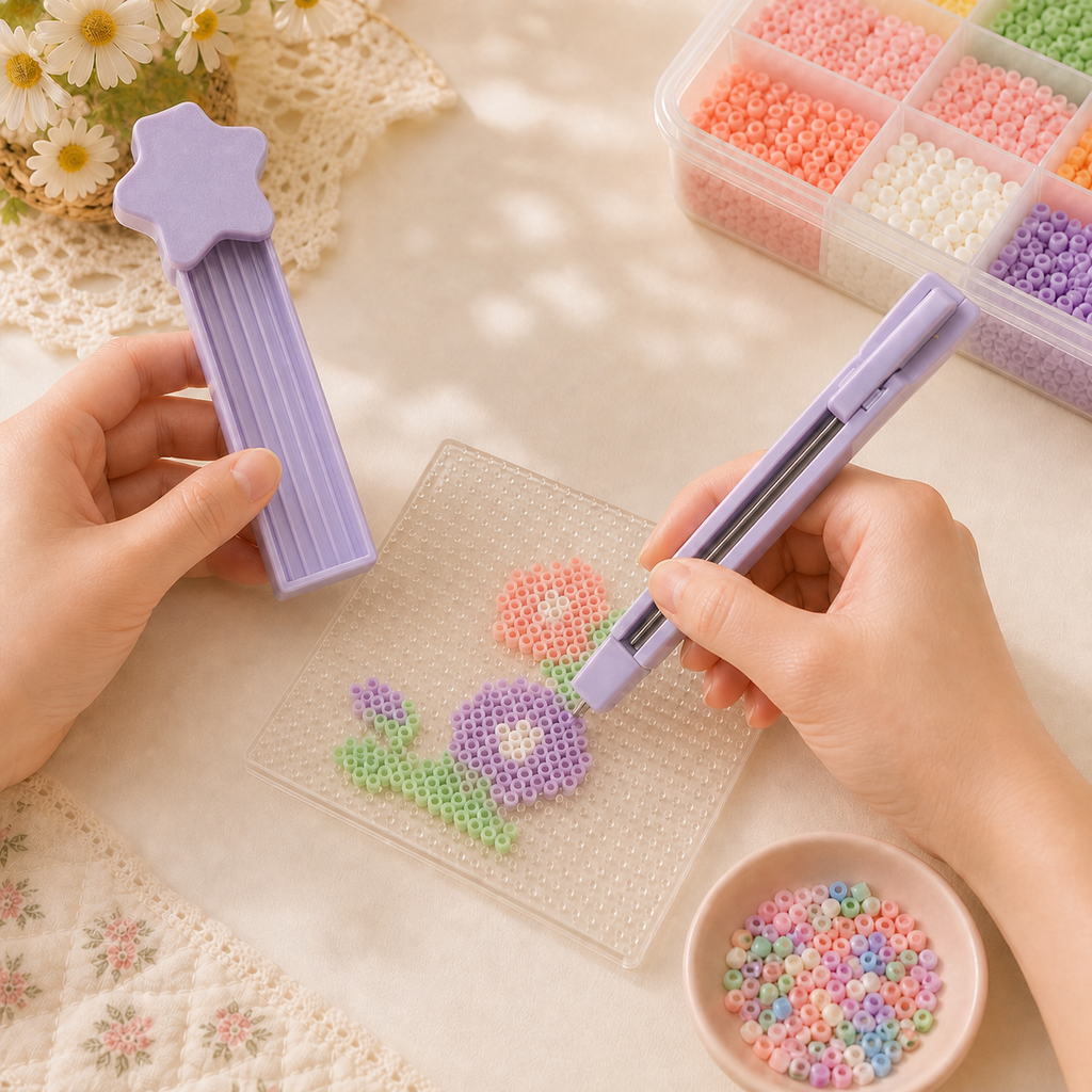 Hands using the CozyBead bead placement pen and holding the star-head scoop