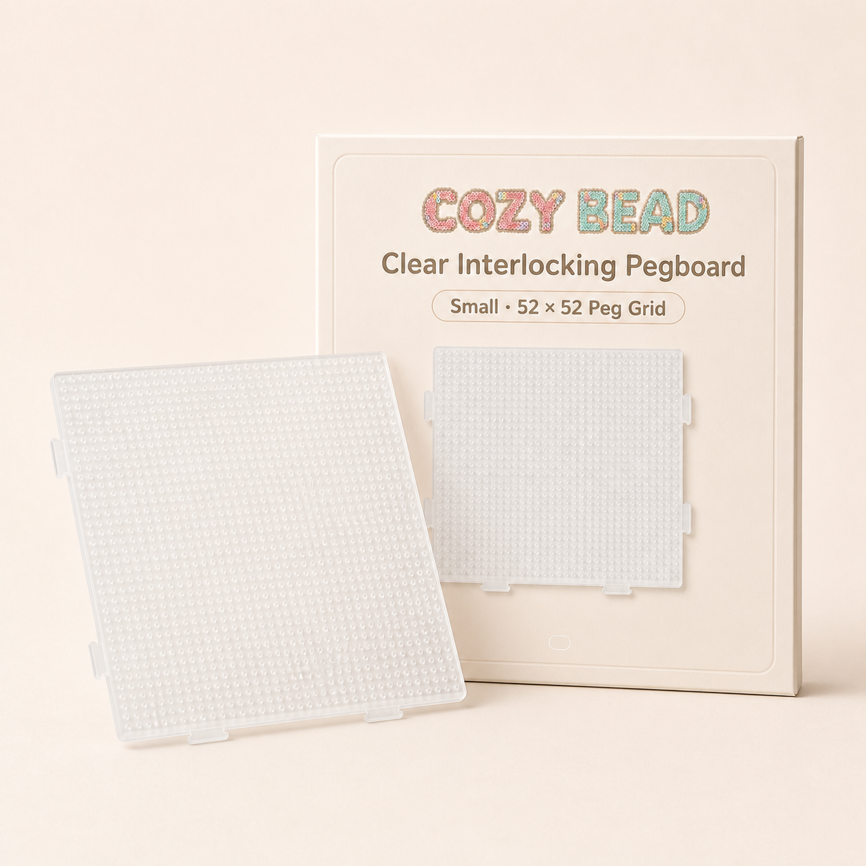 CozyBead small clear interlocking pegboard — product and packaging