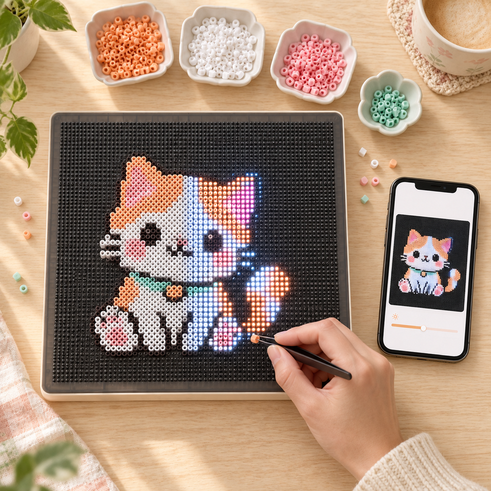 CozyBead 104 × 104 Smart LED Board — cat pattern, hands and phone app