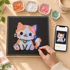 CozyBead 104 × 104 Smart LED Board — cat pattern, hands and phone app