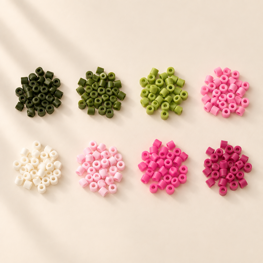 Eight small groups of representative green, ivory and pink fuse beads on a cream tabletop.