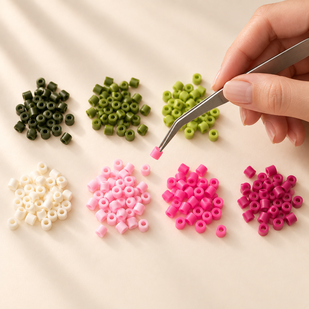 An adult hand uses bent-tip tweezers to sort small groups of pink, ivory and green fuse beads on a cream table.