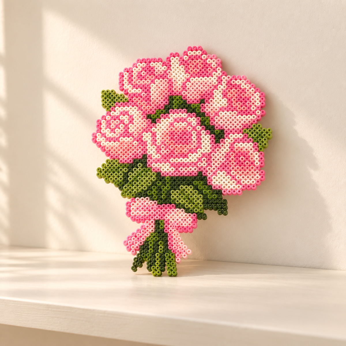 Pink rose bouquet fuse bead artwork displayed on a cream shelf in soft daylight.