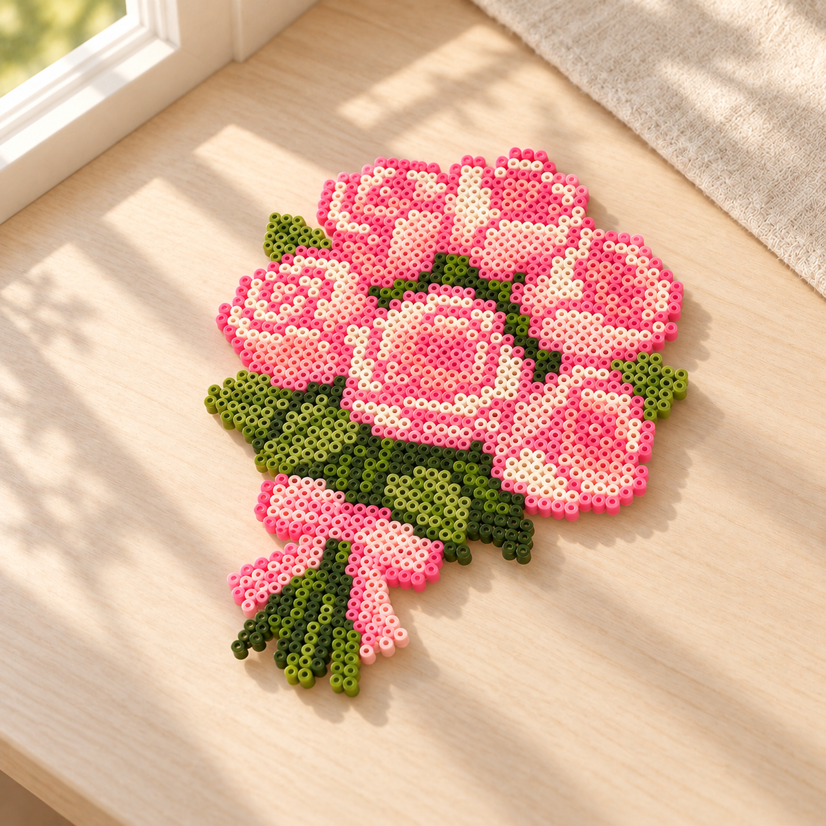 Pink rose bouquet fuse bead artwork lying on a sunlit cream tabletop beside a window.