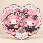 Two pink-hooded characters in a heart-shaped fuse bead artwork on a cream background.