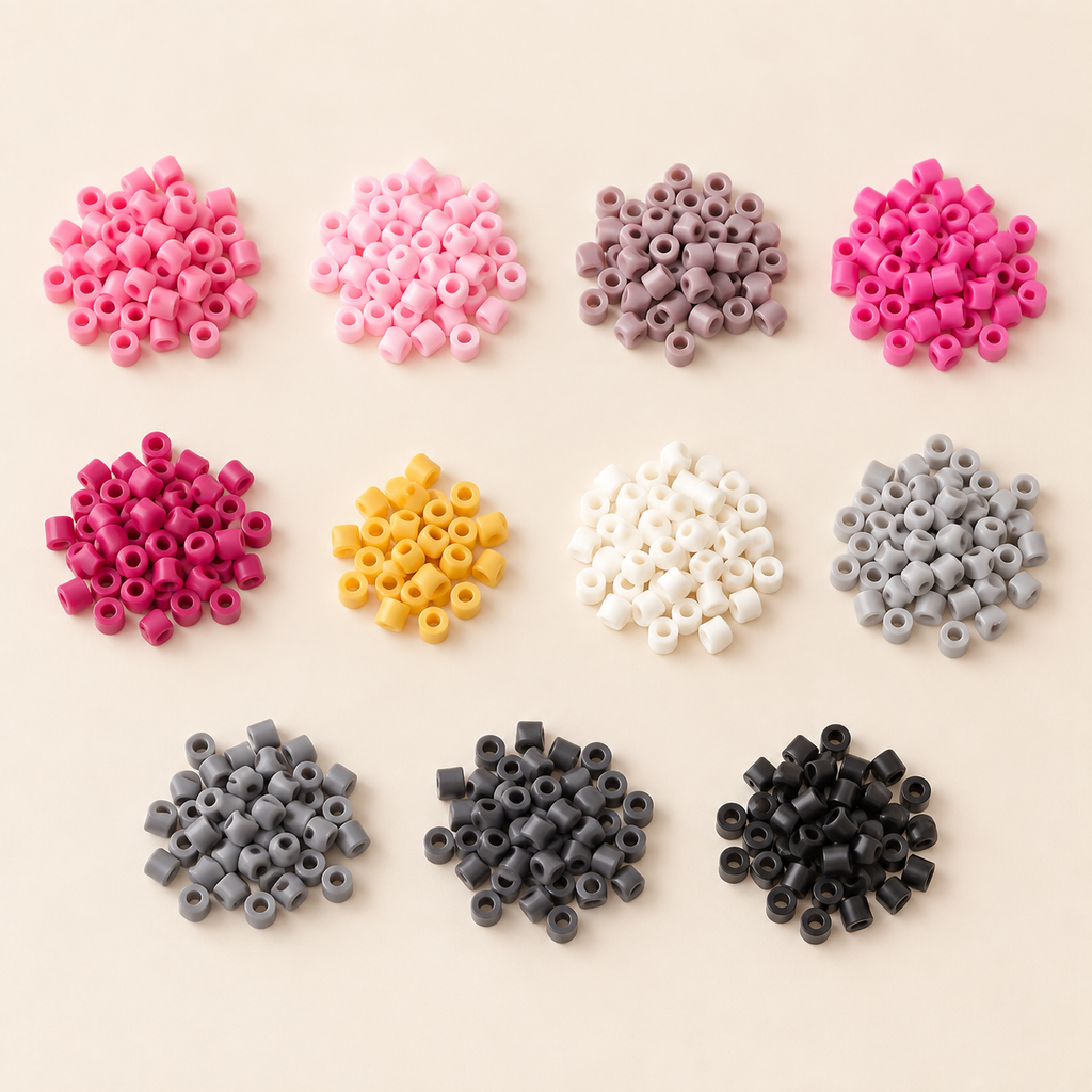 Eleven small groups of representative pink, white, yellow and gray fuse beads on a cream tabletop.