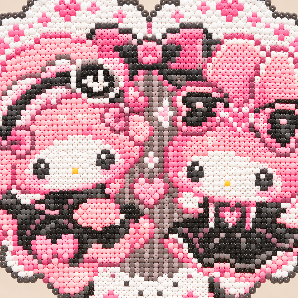 Close-up of two pink-hooded characters and their tiny fuse bead details inside a pink heart.