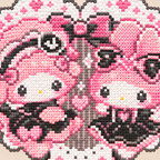 Close-up of two pink-hooded characters and their tiny fuse bead details inside a pink heart.