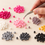 An adult hand uses bent-tip tweezers to sort small groups of pink, ivory, yellow and gray fuse beads on a cream table.
