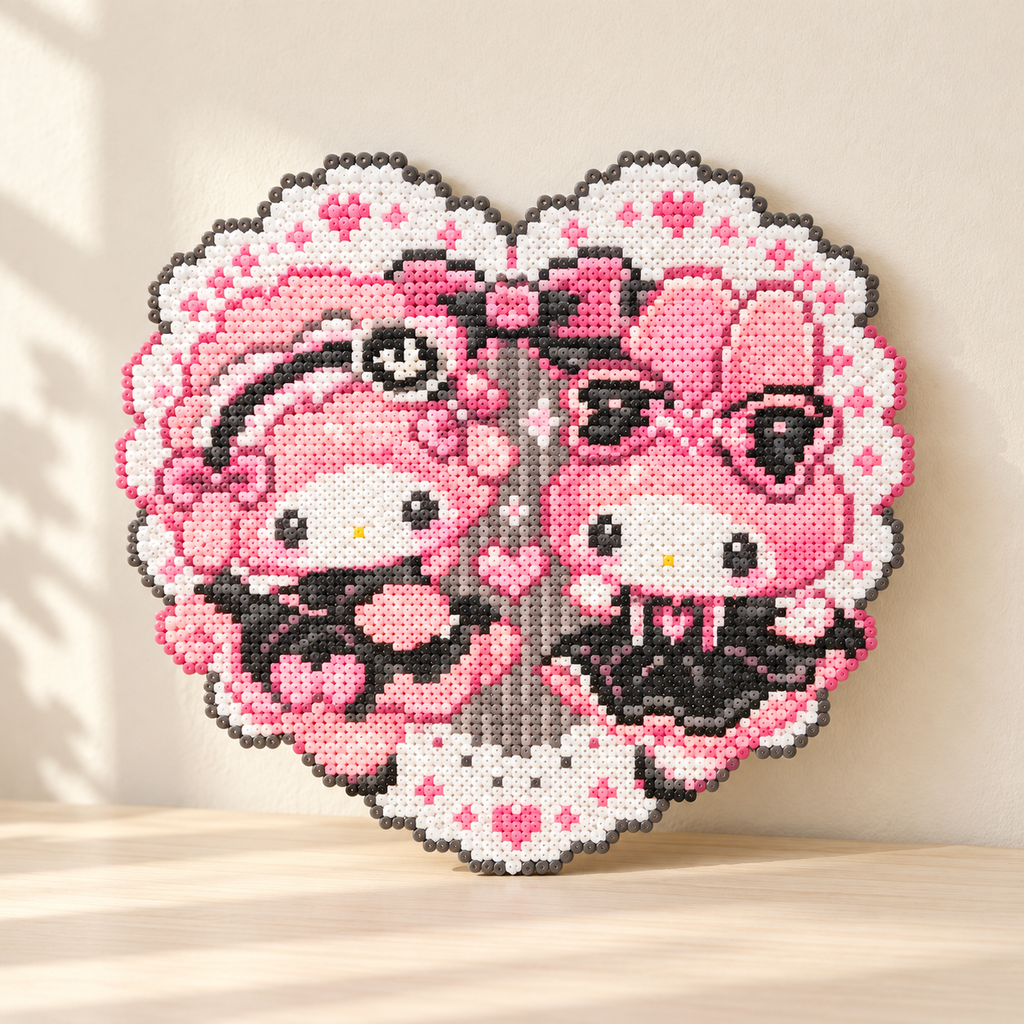 Pink heart fuse bead artwork with two pink-hooded characters displayed on a cream table in soft daylight.