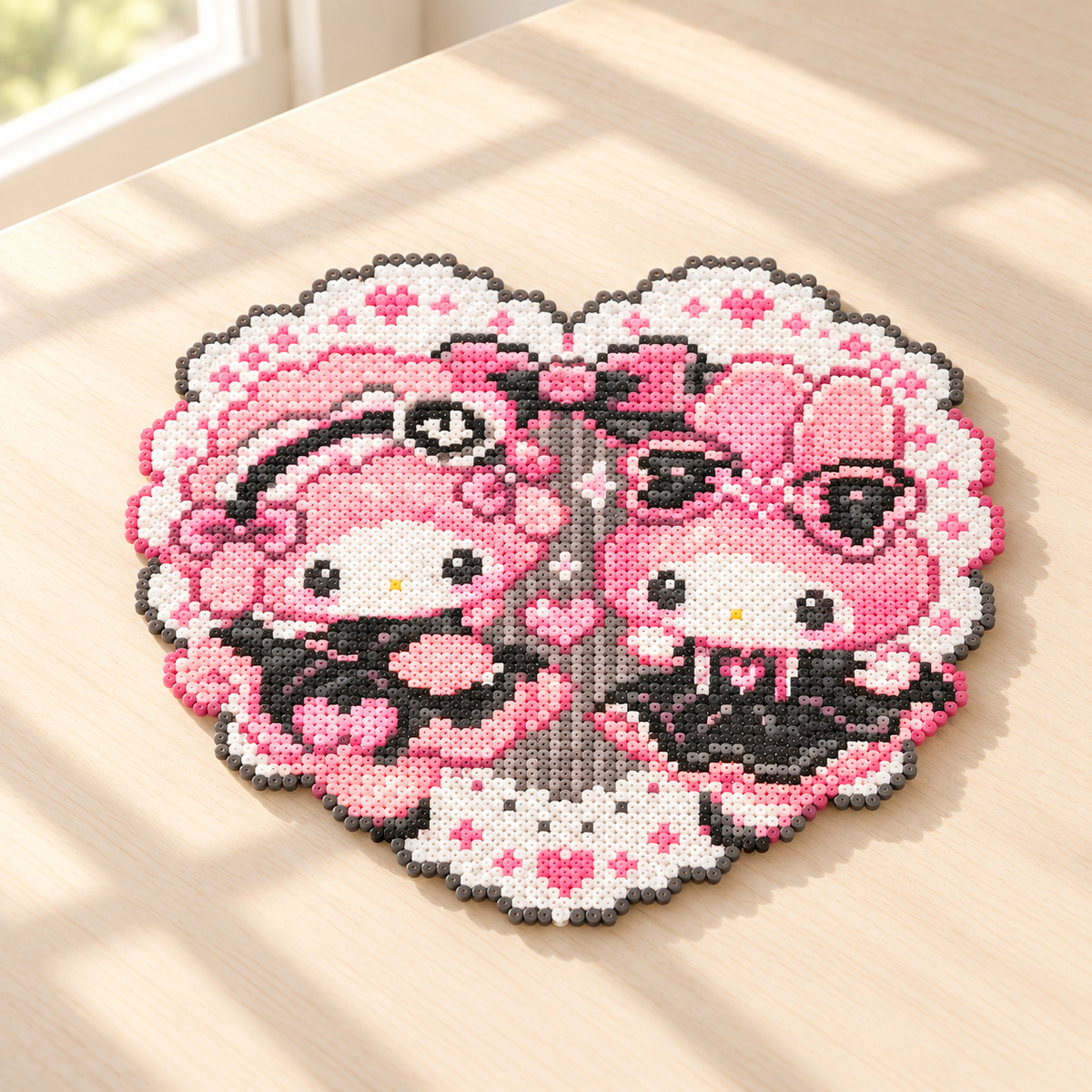 Pink heart fuse bead artwork with two pink-hooded characters lying on a sunlit cream tabletop beside a window.