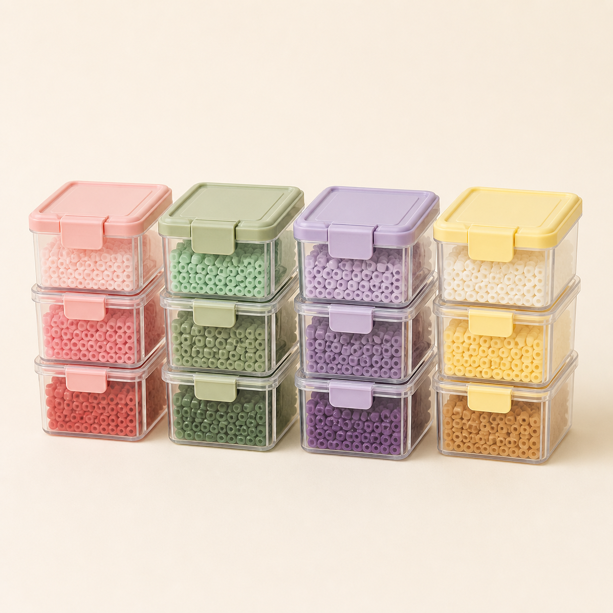 Twelve clear stackable mini bins for fuse bead storage