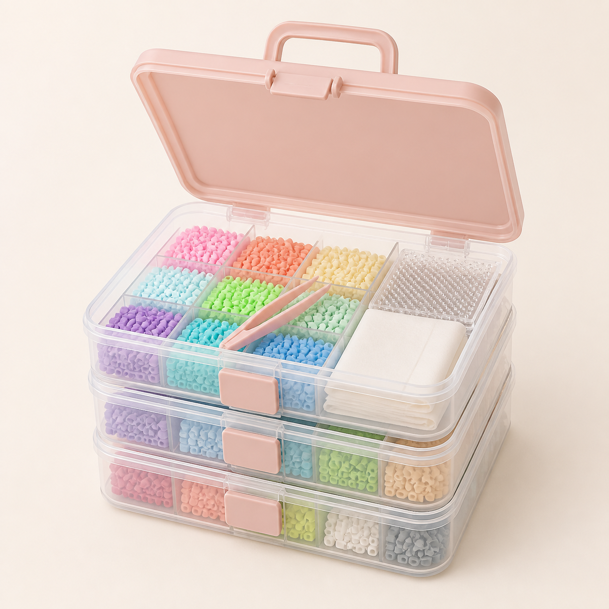 Three stackable storage trays for fuse bead supplies